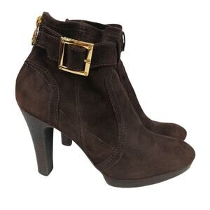 Tory Burch SZ 8.5 Melrose Brown Suede Boots Gold Hardware 4" Heel